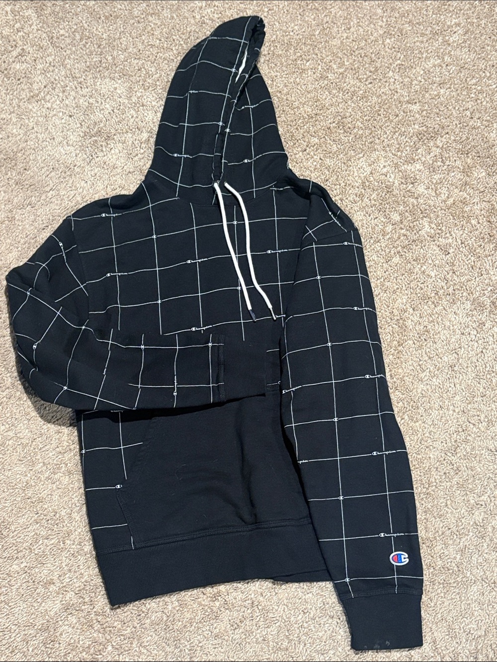 Champion Black Hoodie with White Grid Pattern